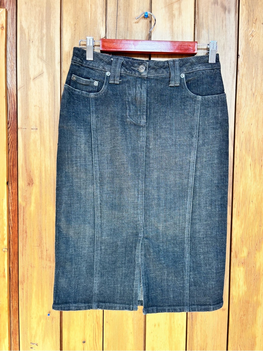 Vintage SB Denim Midi Pencil Skirt Dark Wash Front Slit Y2K Size 0